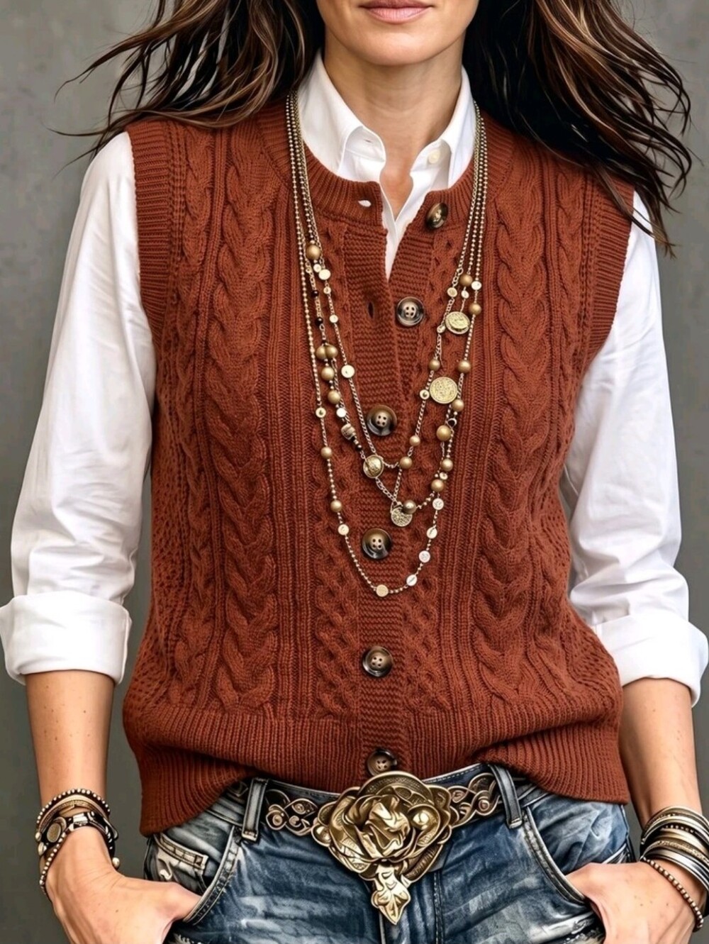 Rust Cable Knit Button-Front Sweater Vest